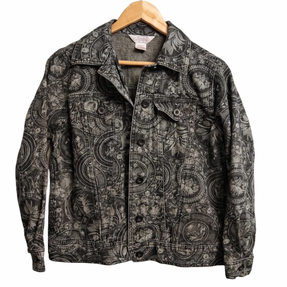 Northern Reflections Dark Grey Paisley Print Denim Jacket Stretch Size Small
